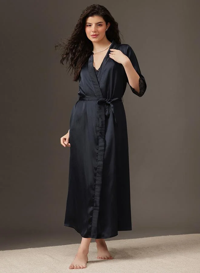 Clovia Women Black Satin Nightdress with Robe Set